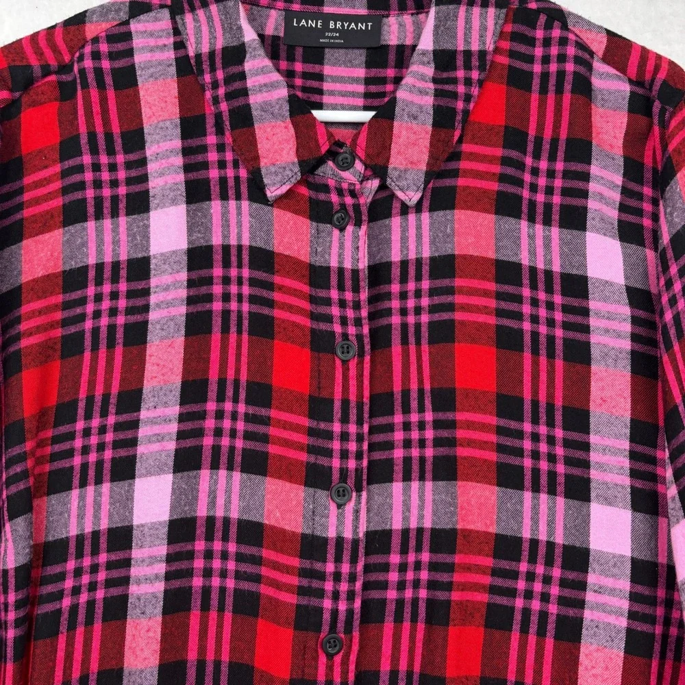 Lane‎ Bryant Plaid Shirt Womens 22/24 Roll Tab Sleeve Grunge